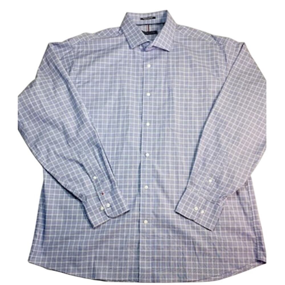 Tommy Hilfiger Men’s Blue Plaid Button‑Down Shirt XL 17–17.5 Wrinkle‑Resistant